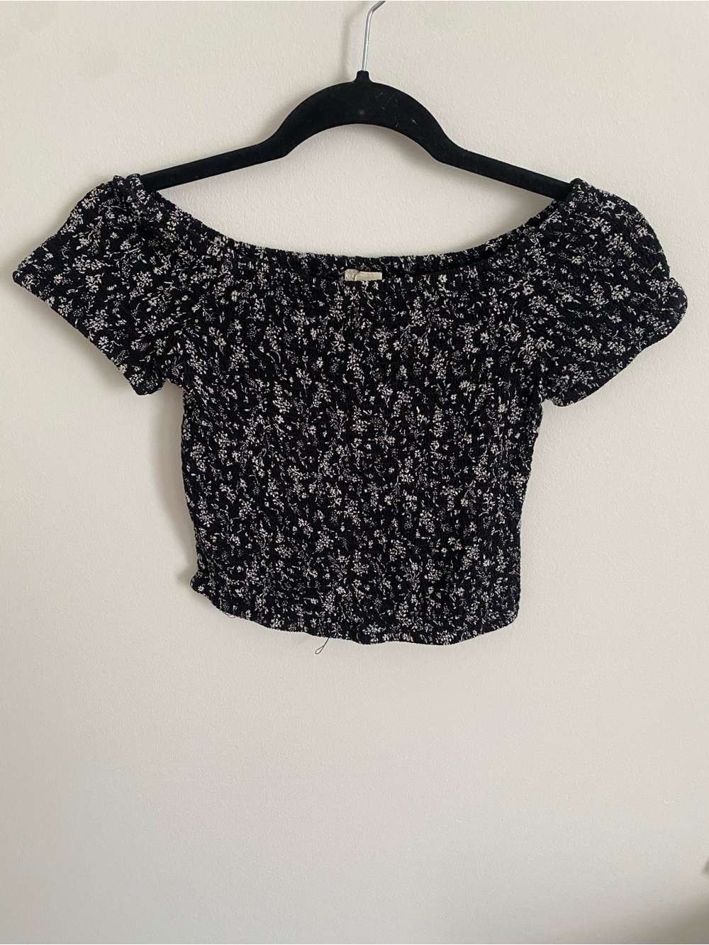 Japna Black and White Floral Off-Shoulder Smocked Crop Top